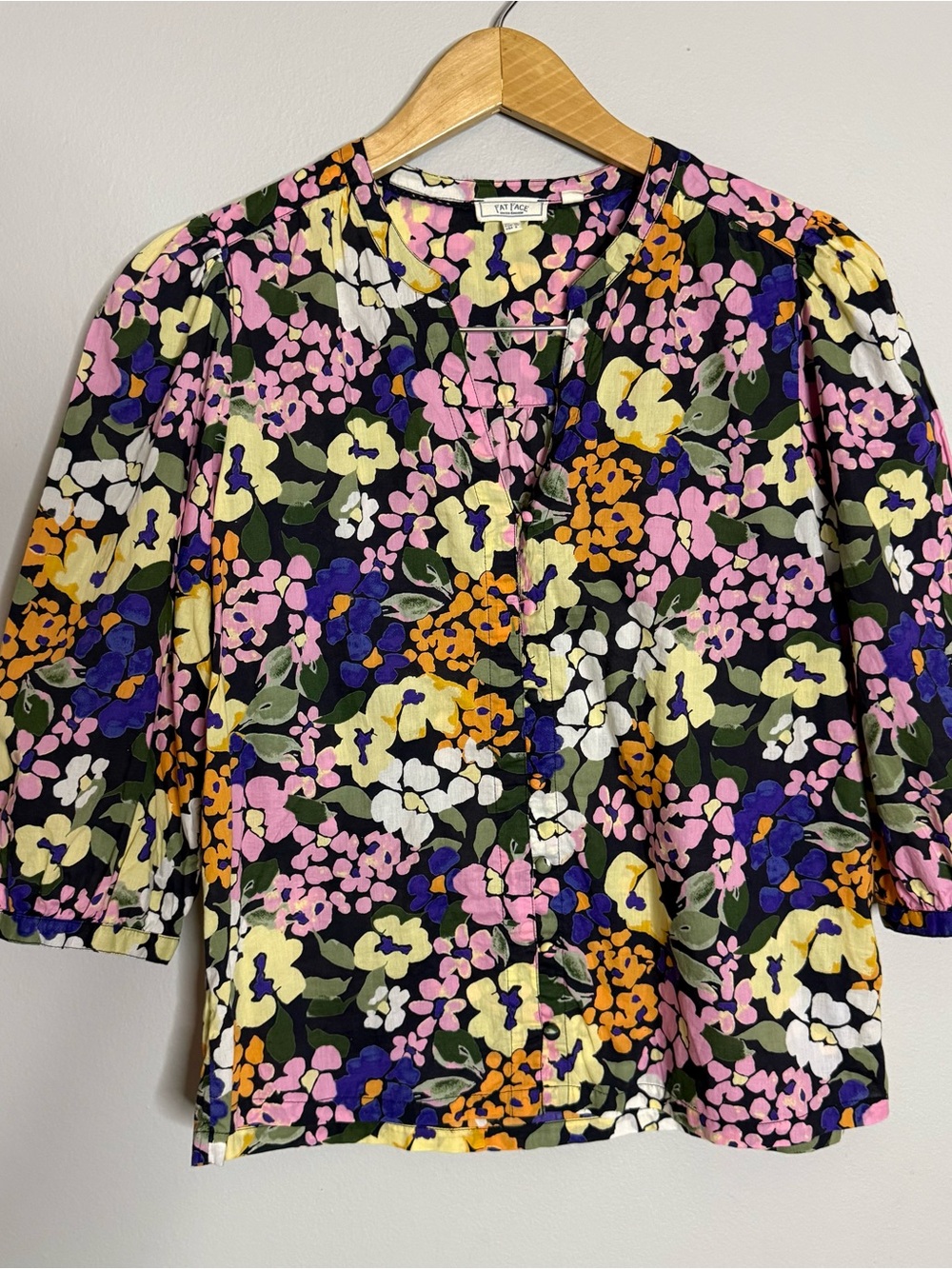 Fat Face Women’s Size 6 Black Floral Button-Front Blouse - Pink, Yellow & Purple